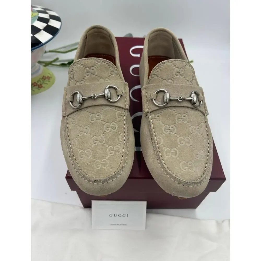 Men's Gucci suede oatmeal GG embossed driver loafers size 8 fits 8.5 US